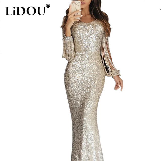 Spring 2022 Women Fashion Elegant Sequins Solid Color Maxi Wedding Evening Party Dress Female Long Tassel Sleeve Bodycon Dresses Cheap Product Recommendation
