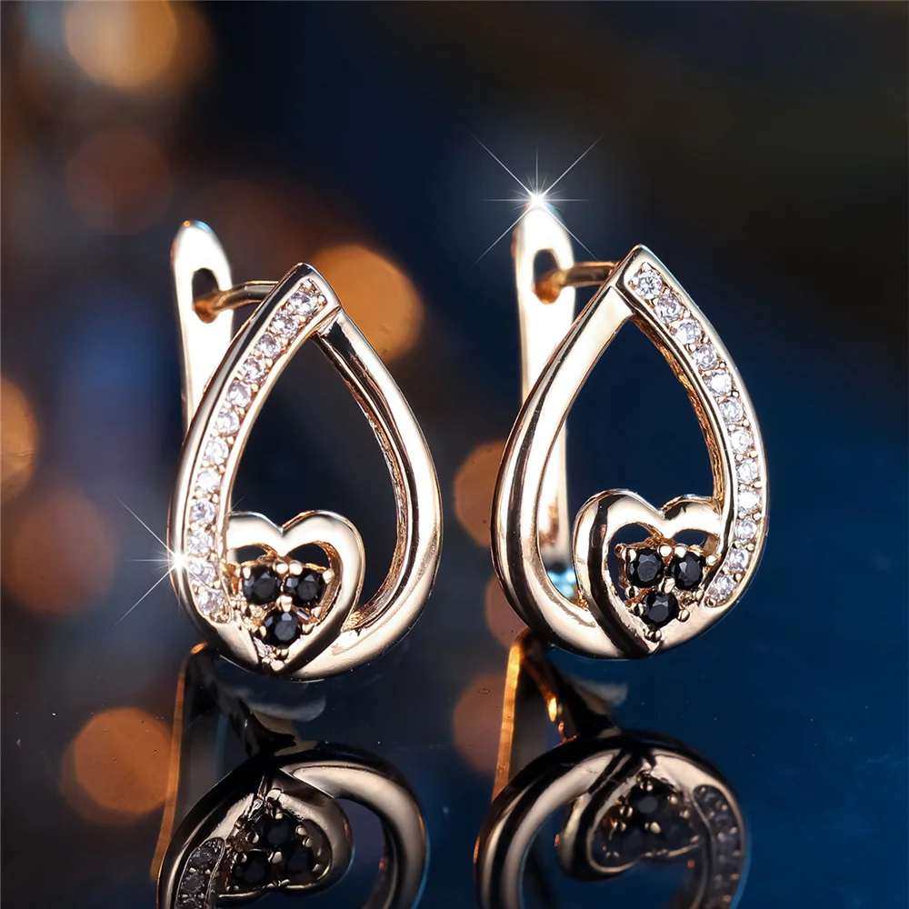 Trendy Crystal White Black Zircon Stone Love Heart Hoop Earrings For Women Vintage Gold Color Wedding Jewelry