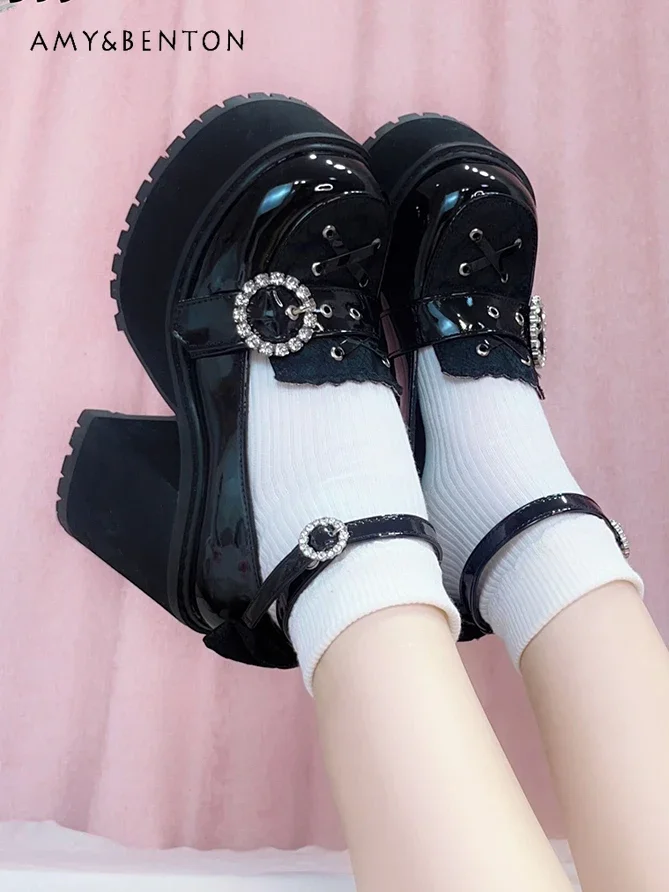 

Japanese Mine Mass-Produced Punk Platform Shoes Sweet Rhinestone Round Toe Goth JK High Heels Lolita Leather Shoes for Women