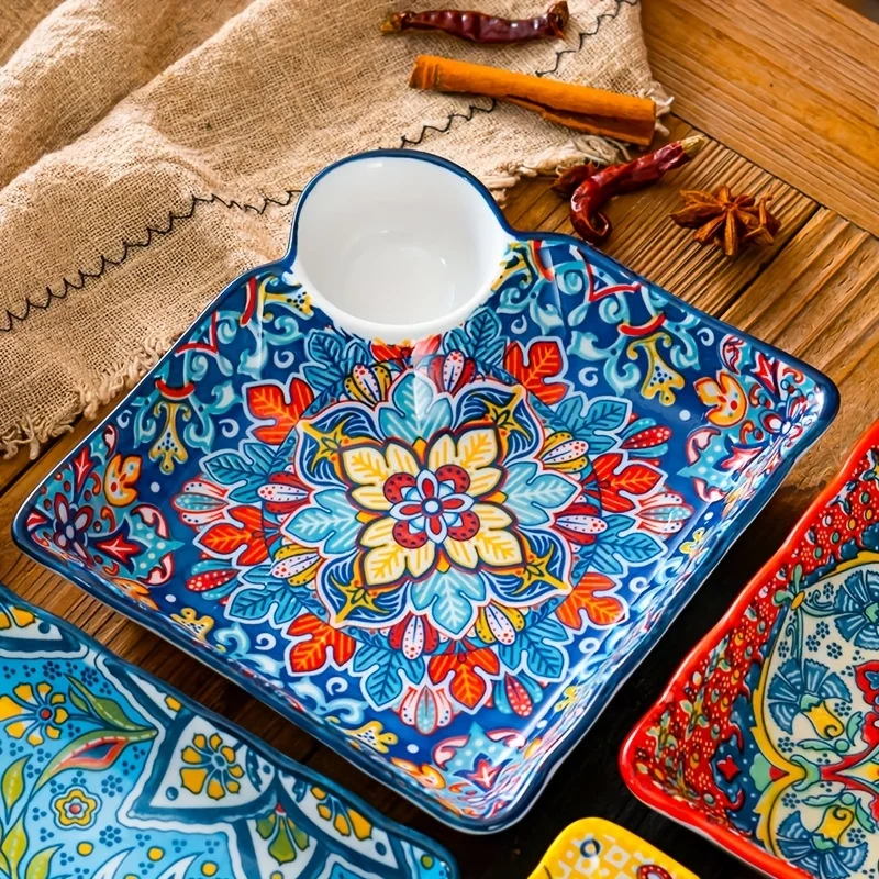 7.5Inch Bohemian Ceramic Plate Sushi Dish Set Sauce Dishes Decorative Dinner Plates Serving Trays for Dumplings Breakfast Fruits