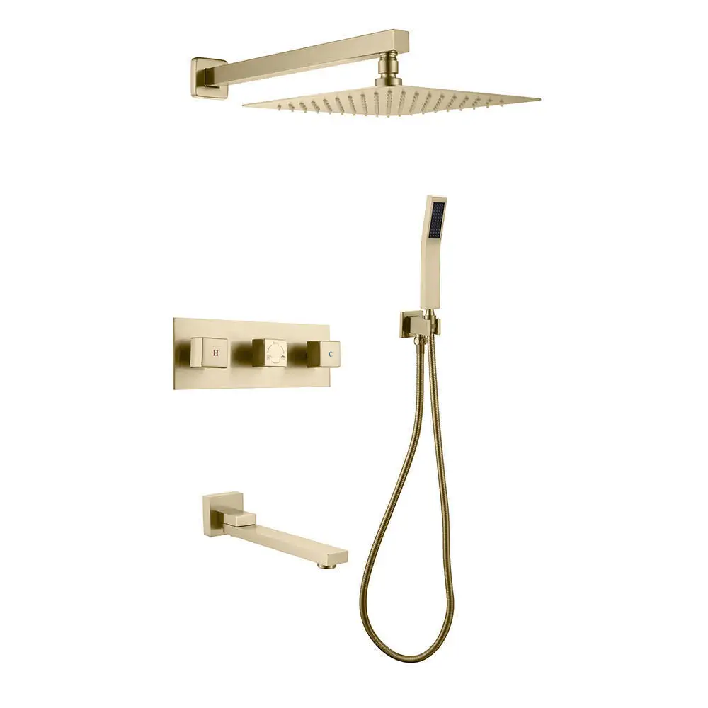 

solid brass Bathroom Luxury Square concealed shower tub Rain Mixer Set wall mounted shower tub three function