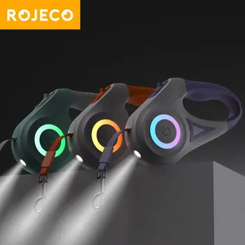 ROJECO 자동 강아지 가죽 끈, 개폐식 LED 발광 리드, 패션 라이트 스트랩, 강아지 애완 동물용 유연한 걷기 달리기 리드, 5M