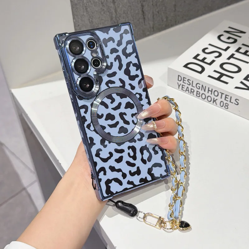 Leopard Print Magnetic Phone Case with Wrist Strap