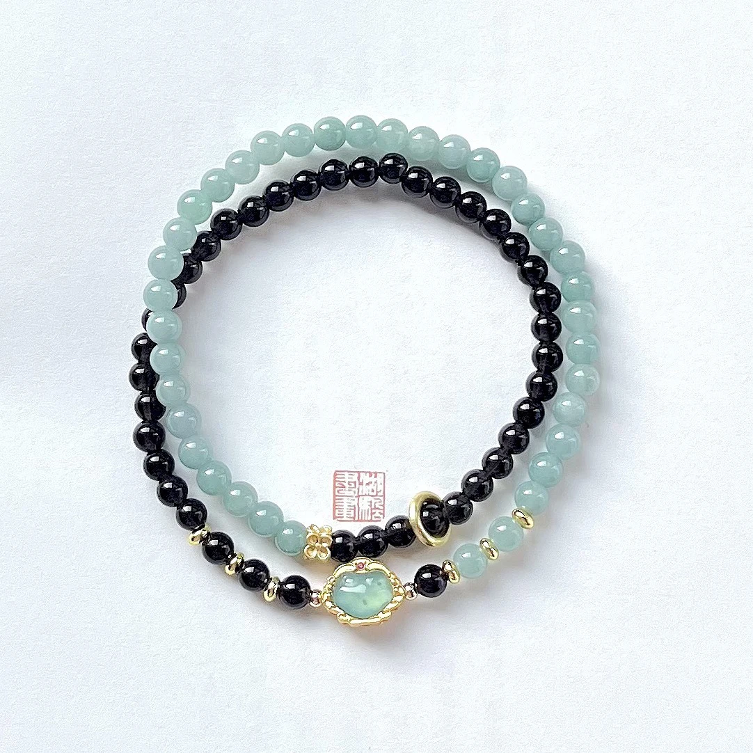 Einzigartiges Design Obsidian Double-Loop Handchain Schmuck Geschenk Neokinesisches blaues Wasser Jadeit Ruyi Armband für Frauen