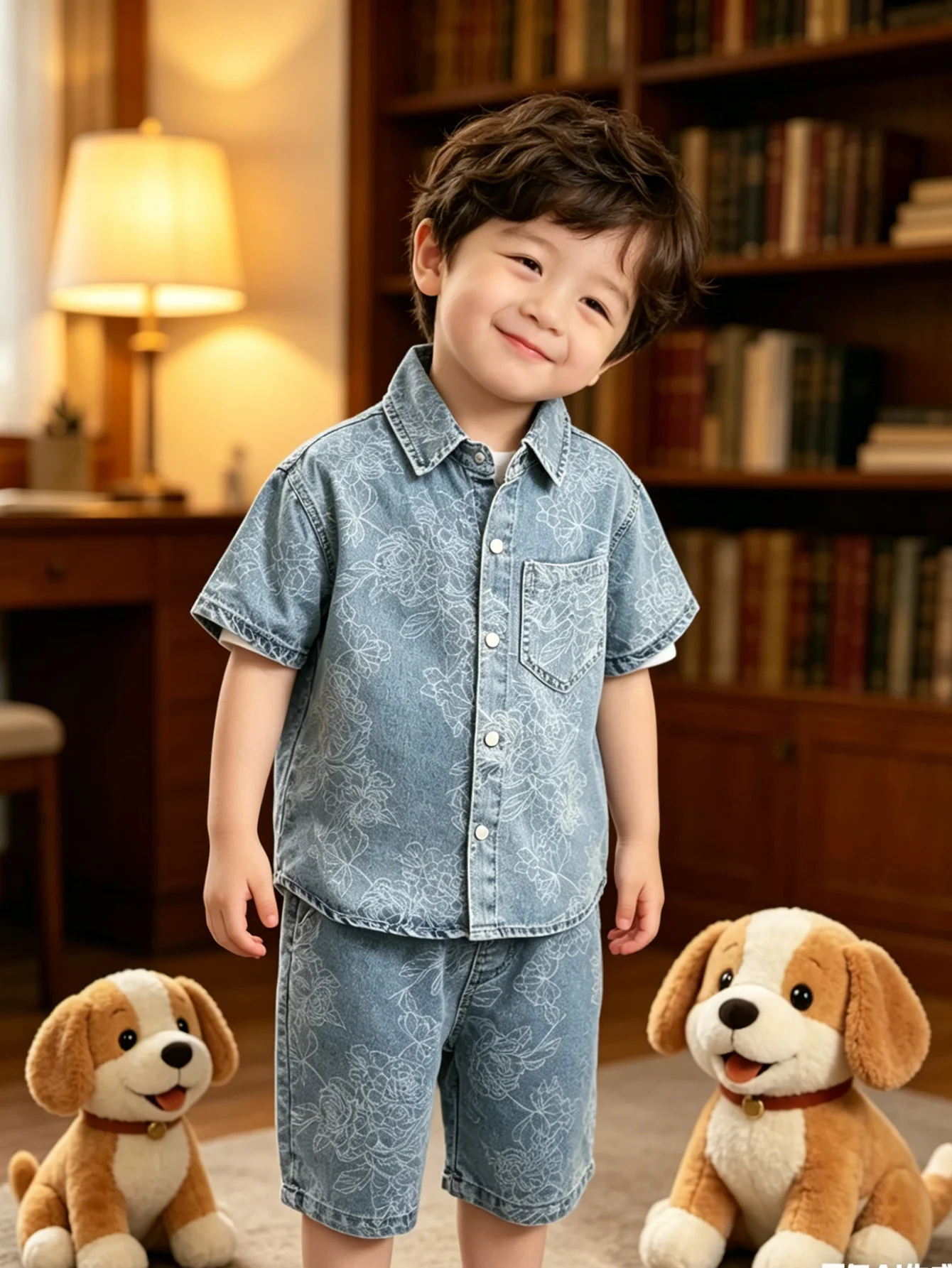 Toddler Boy Denim Co-ord Set, Floral Embossed Short Sleeve Shirt & Matching Shorts, Light Wash Summer Casual Wear For Kids 5