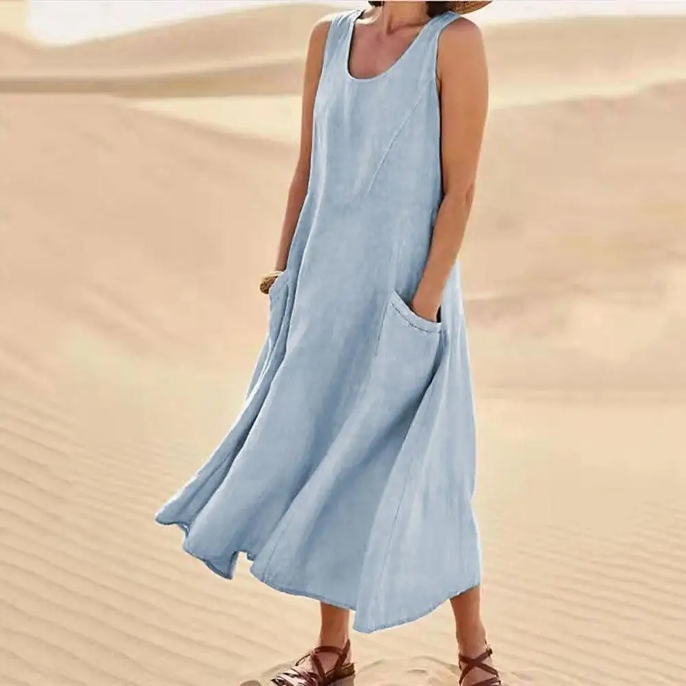

Women Round Neck Dress Stylish Women's A-line Midi Dress with Pockets Soft Breathable Summer Sundress for Daily Wear for Comfort