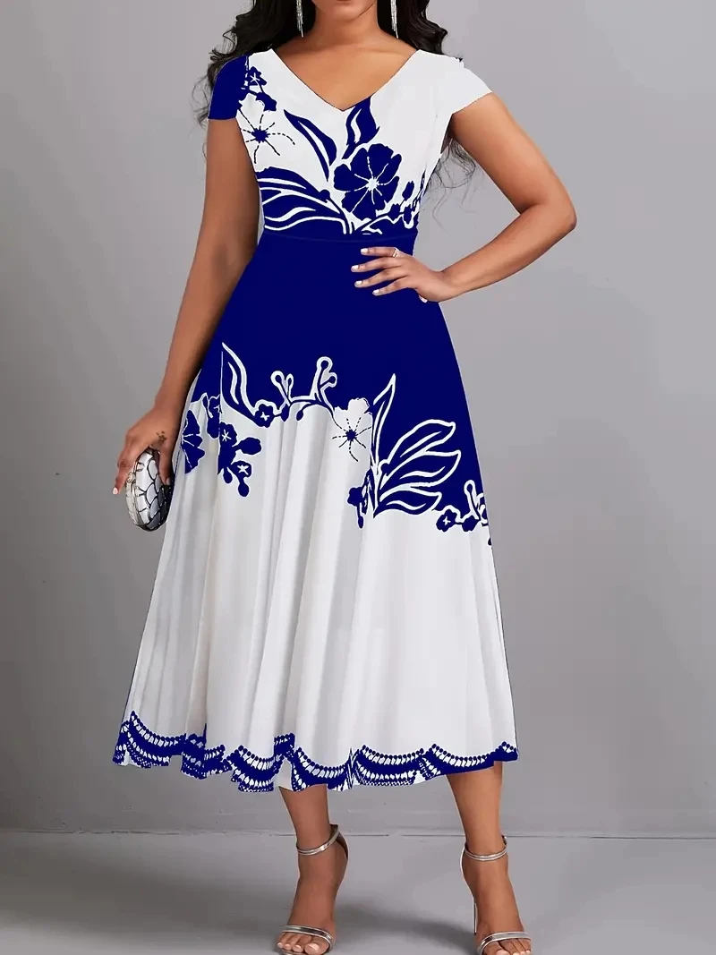 thumbnail image 1 of Plus Size Peplum Floral Print Dress - Elegant V-Neck, Short Sleeves, Scalloped Hem, Medium Stretch, Zipper Closure, Machine Wash, 1 of 5