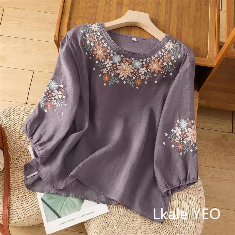 Elegant Cotton Linen Embroidered Blouse Main Look