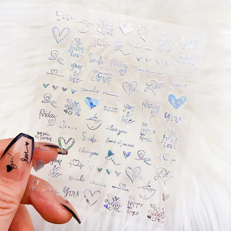 Nail stickers 6Pcs/Pack Laser Gold Silver 3D Nail Art Stickers Love Heart Letter Image Nail Decoration Ins Style Sticker DIY Foils Accessories