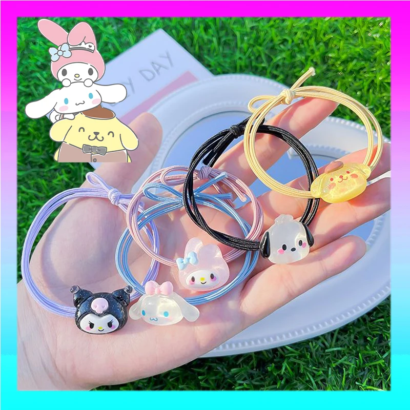 

2Pcs Kawaii Sanrio My Melody Kuromi Cinnamoroll Anime Figure Rubber Band Hair Ring Ball Head Rope Ponytail Hair Accessories Gift