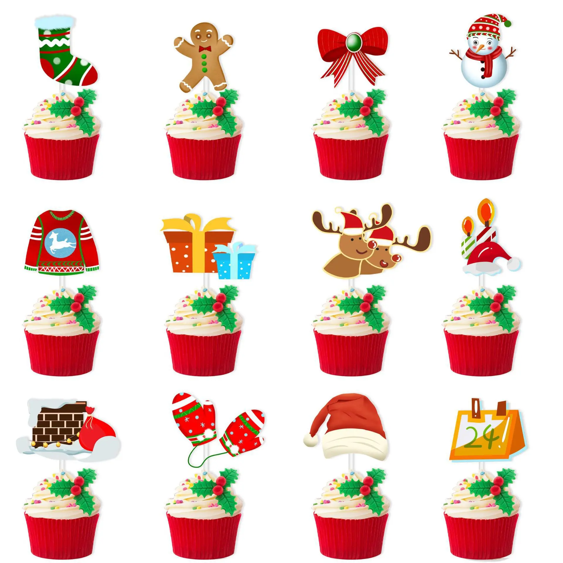 12Pcs Merry Christmas Cupcake Topper Babbo Natale Pupazzo Di Neve Elk Tree Cake Picks Forniture Per Feste Di Natale Decorazione Natalizia Capodanno