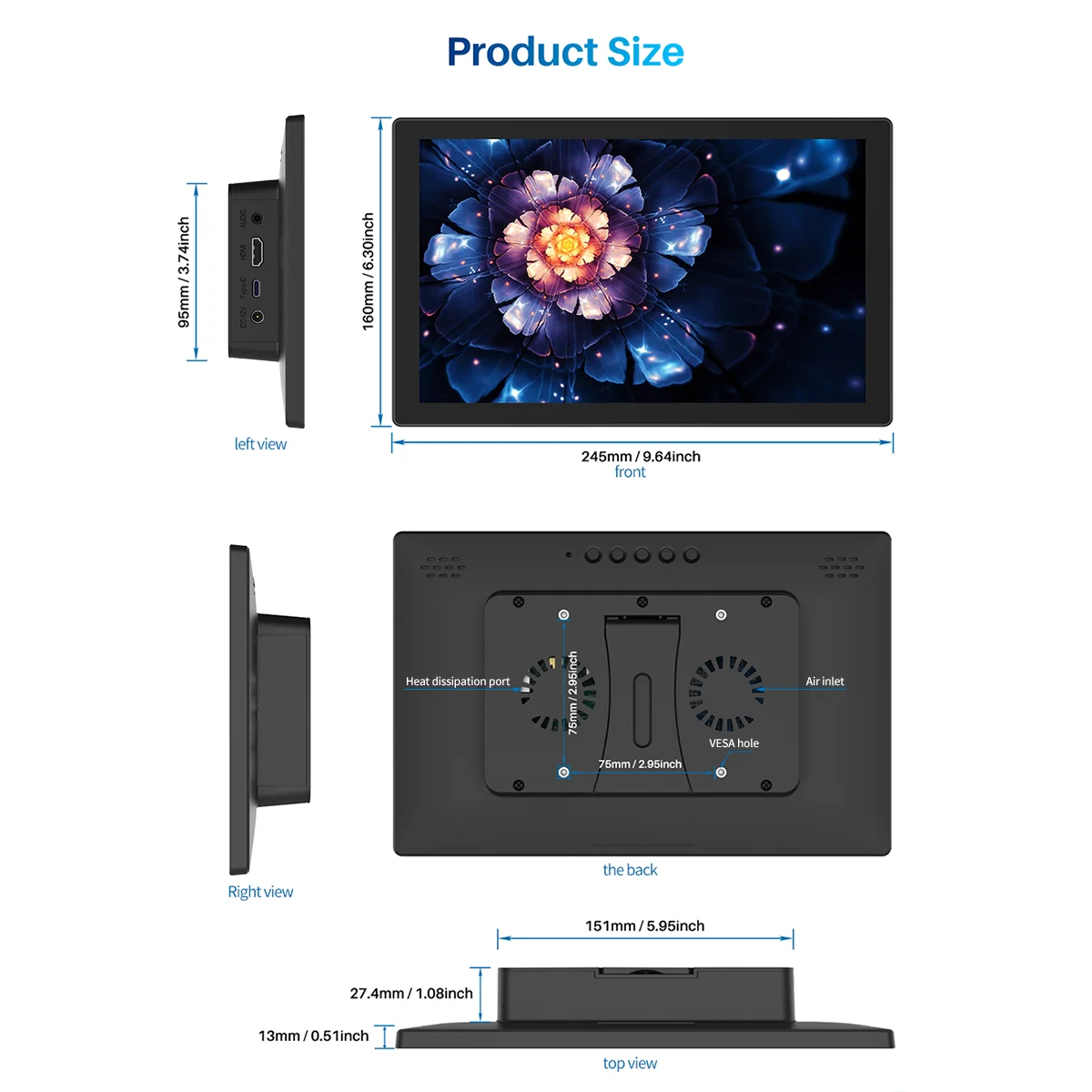 10.1 inch Portable Touch Monitor 1366*768 sRGB 300Cd/m² Display for Raspberry Pi 4 3 Computer Science Laptop Dropshipping