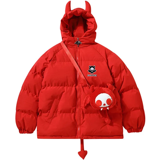 Devil Horns Hooded Padded Parka Jackets with Doll for Women