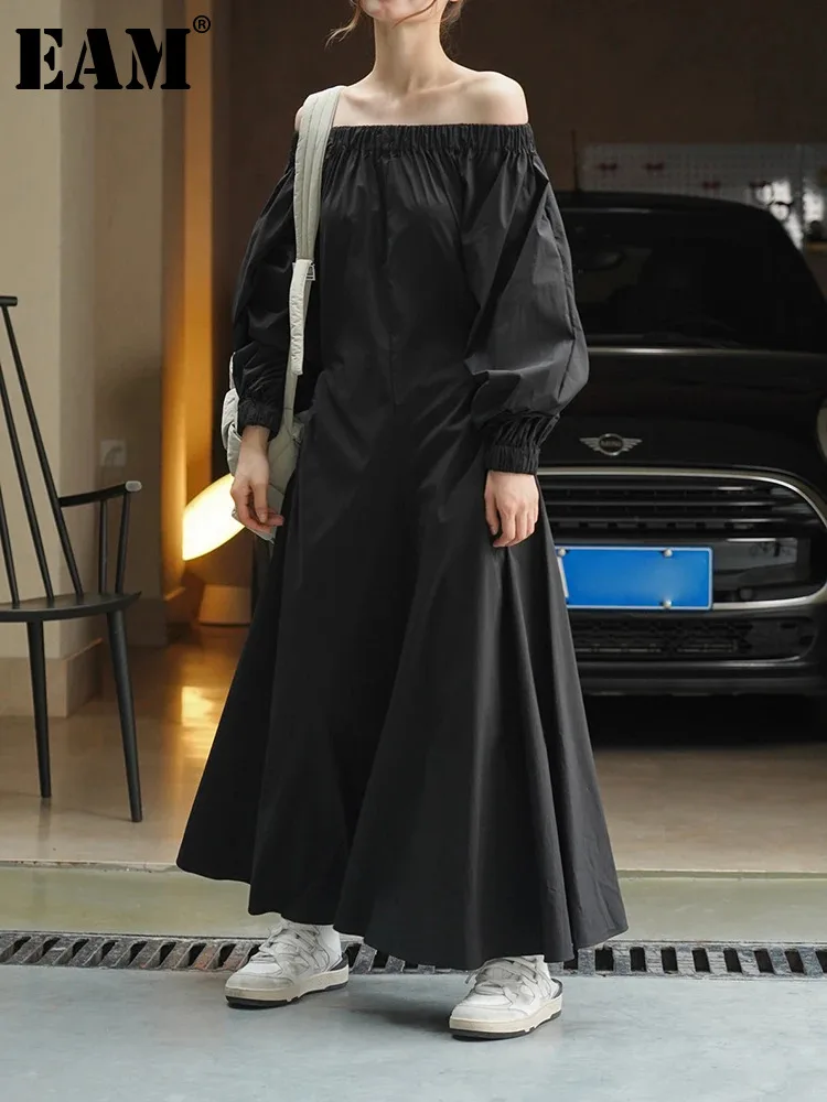 

[EAM] Women Black Brief Long Elegant Dress New Slash Neck Long Puff Sleeve Loose Fit Fashion Tide Spring Autumn 2024 1DF9947