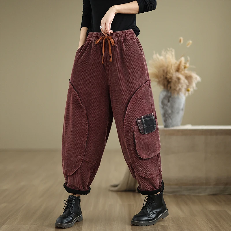 Retro Corduroy Harlan Pants Women's Autumn Winter New Loose plus Size Slimming Versatile Fce Lined Thiened Cross Pants