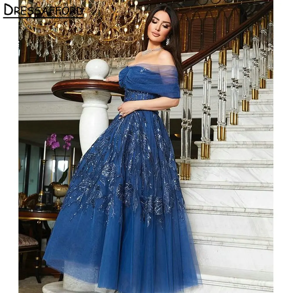 

Blue Off The Shoulder Pleat Dubai Evening Dress A-Line Sequined Appliques Beading Saudi Arabic Formal Party Gown