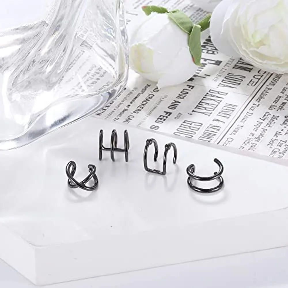 Stainless Steel Black Ear Criss Cross Double Lines Adjustable Ear Cuff Earrings Non-Piercing Fake Cartilage Clip On Women 2-4pcs ear clip earrings,clip earrings,ear clip,ear accessories