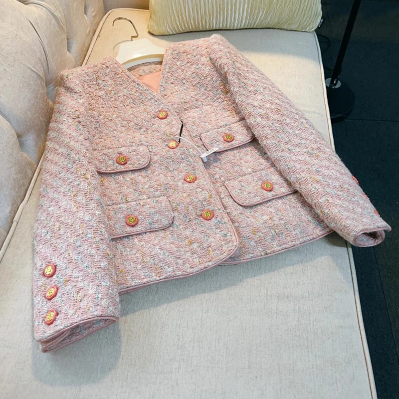 

Luxury Designer Fall Winter Clothes for Women Elegant V-neck Abrigo Mujer Invierno 2023 Korean Fashion Pink Tweed Jackets Coats