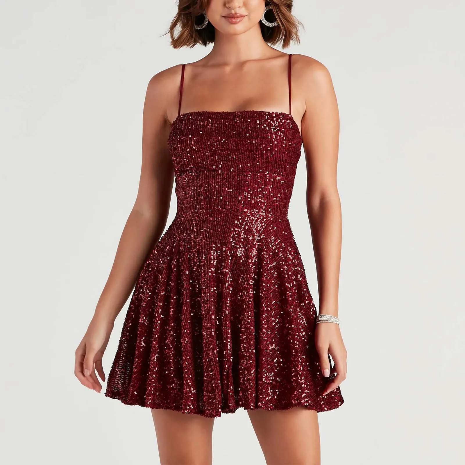 

Women's Cocktail Dress Elegant Spaghetti Strap Red Glitter Sparkly Sequin Party Dress Vintage Sexy Prom Evening Dress For Female