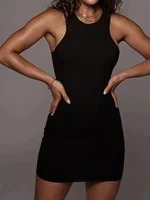 Black Ribbed Bodycon Summer Dress Sexy Vest Sleeveless Vest Club Party Mini Dress WOMEN'S Solid Color Tight Fitting - Image 5