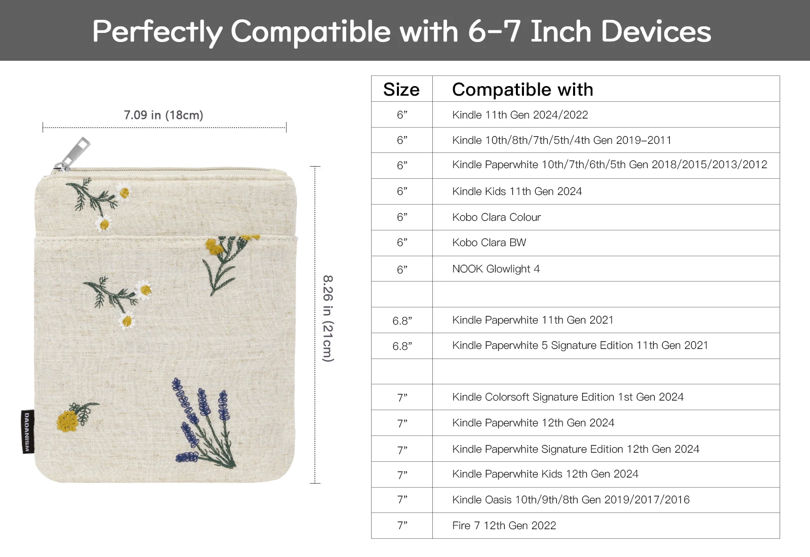 Daisy Flower Embroidered E-Reader Sleeve - Protective Carrying Case
