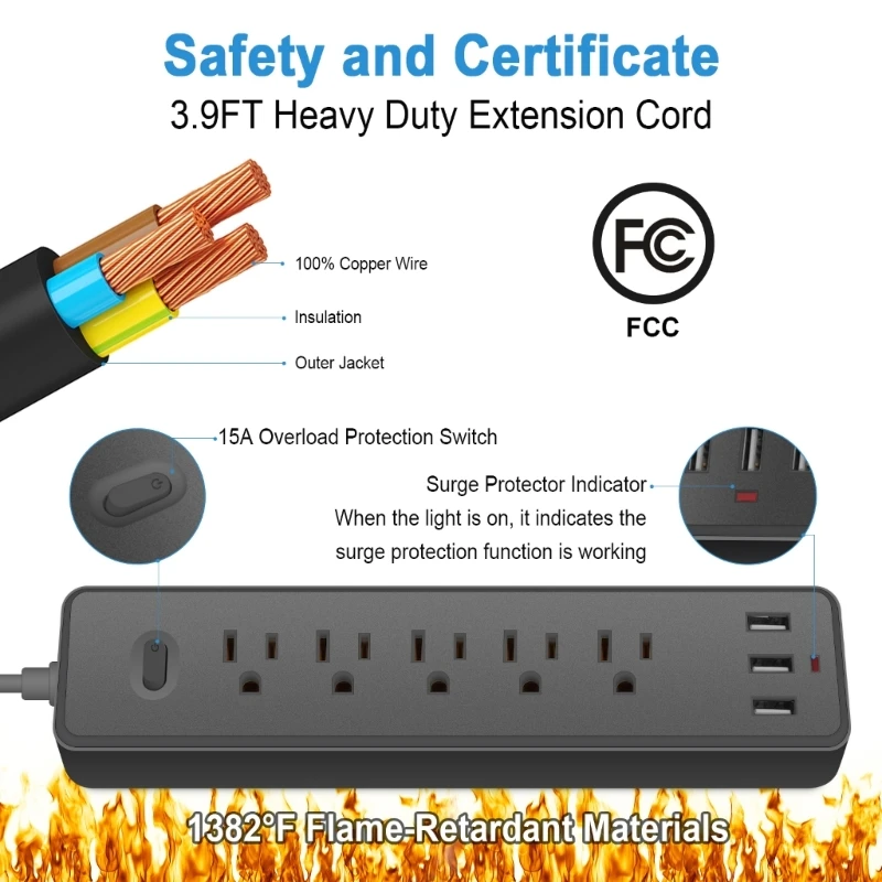 Удлинитель электрический универсальный на 3 USB-порта с защитой от перенапряжения, 5 шт.