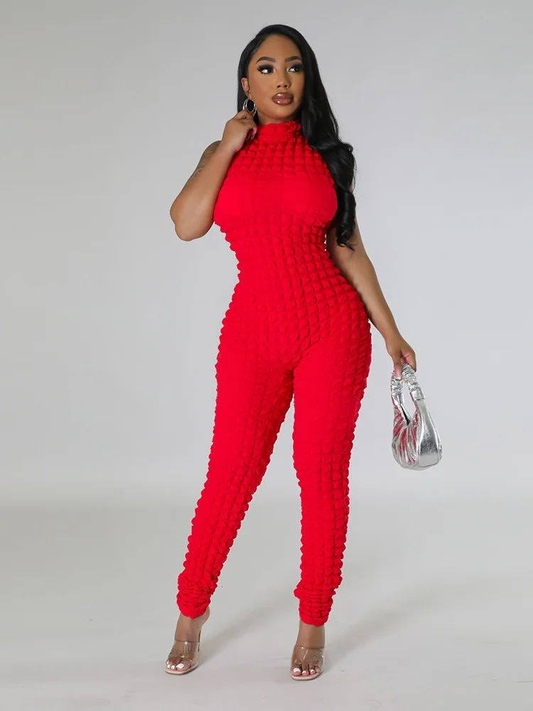 Wmstar Jumpsuit Women 2024 Sleeveless Front and Back Two Piece Solid Color Popcorn Bubble Fabric Zippered Wholesale Dropshipping