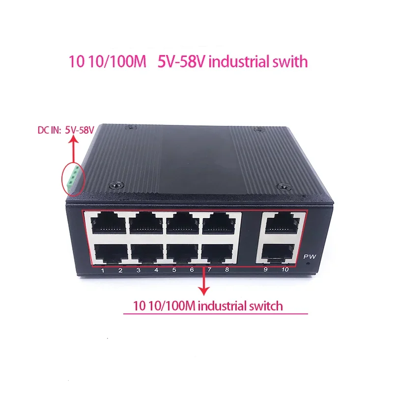 

Unmanaged MINI 10port 10/100M 5V-58V 10port 100M port industrial ethernet switch Lightning protection 4KV, anti-static 4KV