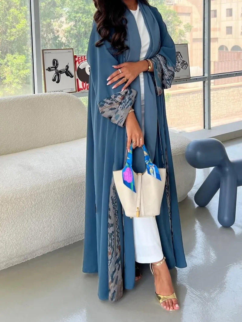 عباءات نسائية إسلامية للشرق الأوسط، فساتين كاجوال طويلة، جلباب عربي بأكمام كاملة مفتوح من الأمام مع حجاب، طقم من قطعتين