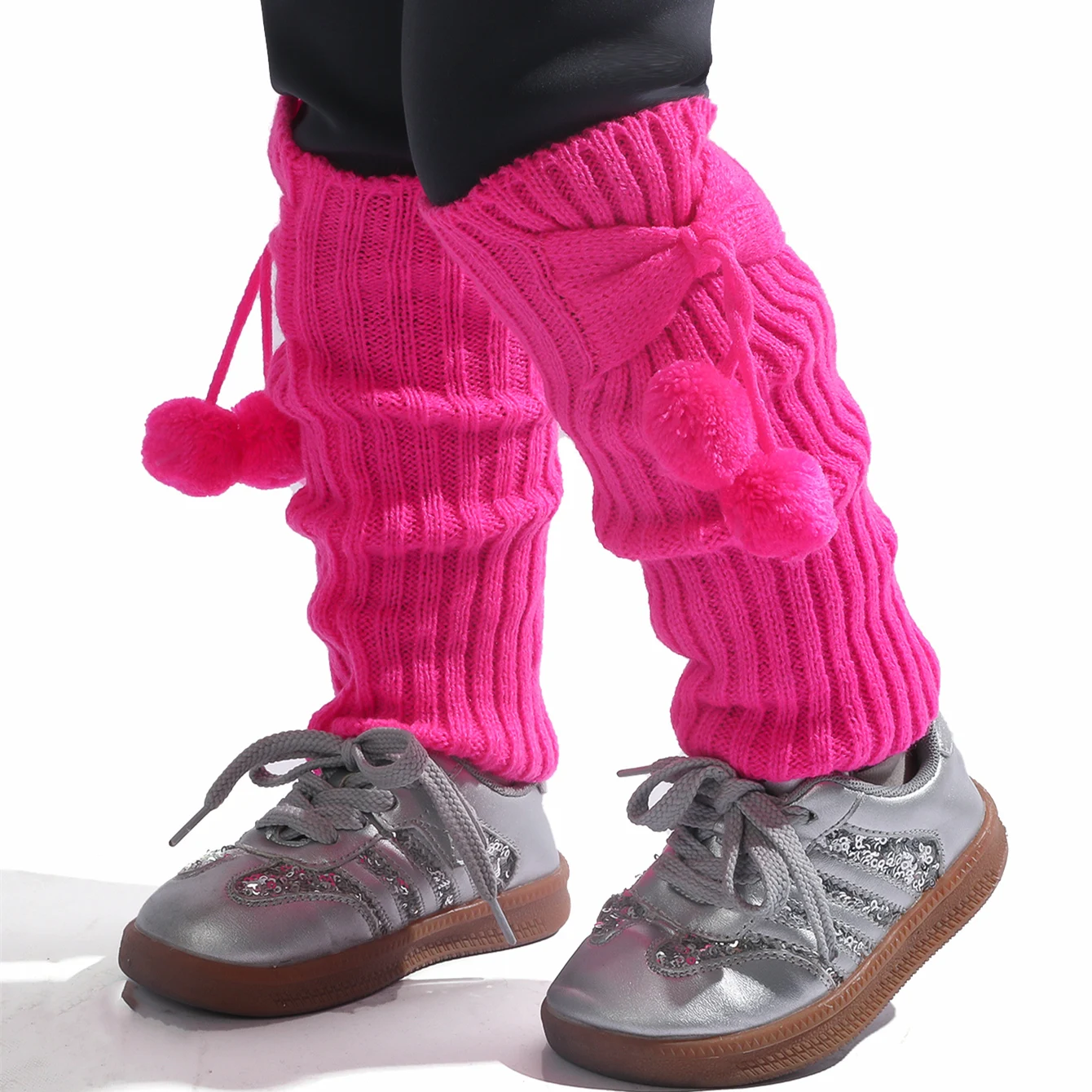 1 Pair Girls Solid Knit Knee High Leg Warmer Comfort Cute Bowknot Leg Cover With Pompoms