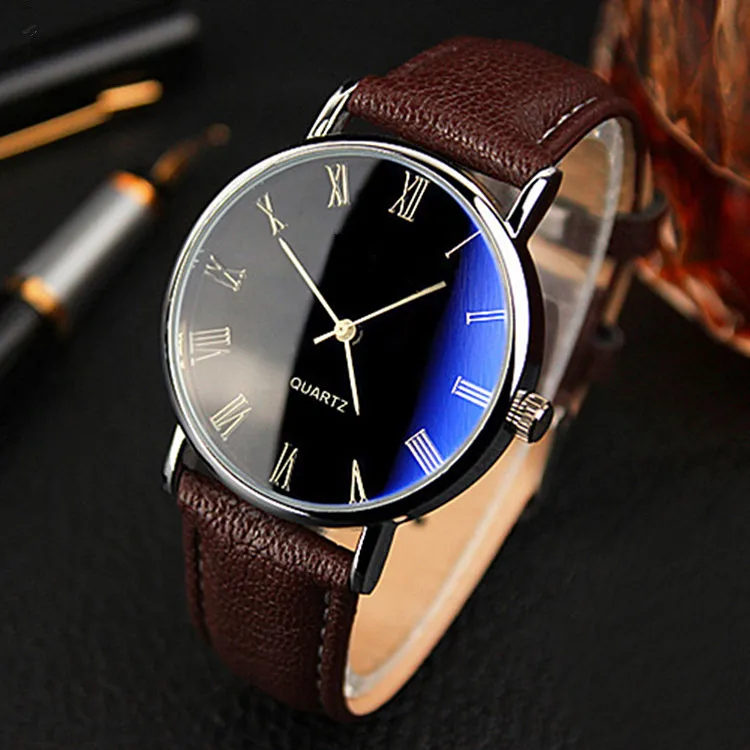 2022 Fashion Men's Watch Men Roman Numerals Blu-Ray Faux Leather Band Quartz Business Men's Minimalist Watches 