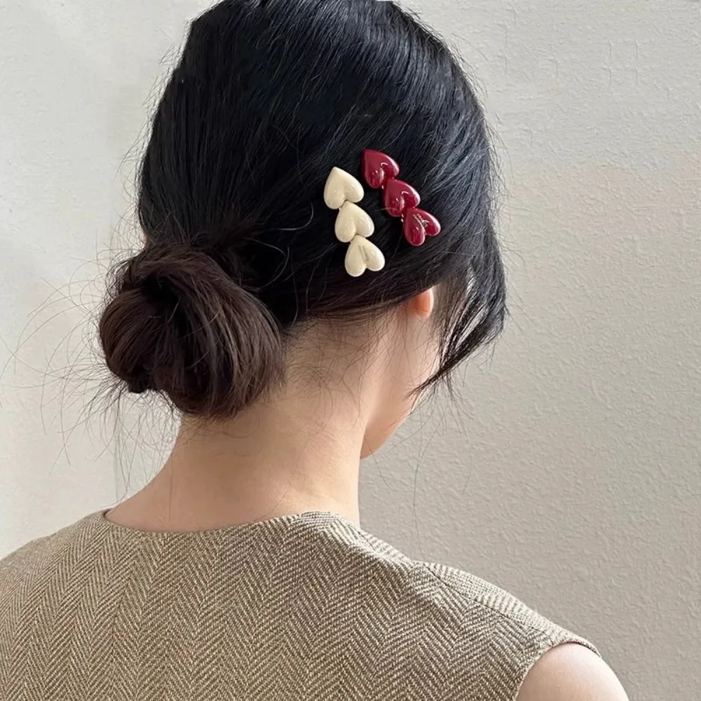 potete big heart clip bekko べっ甲 New Three Heart Hairpins Korean Cute Cream Color Peach Heart