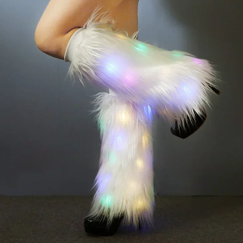 40cm Exaggerated Disco Club Imitation Wool Boots Plush Socks Long Lighted Stage Performance Fur Fluffy High Leg Guards Female