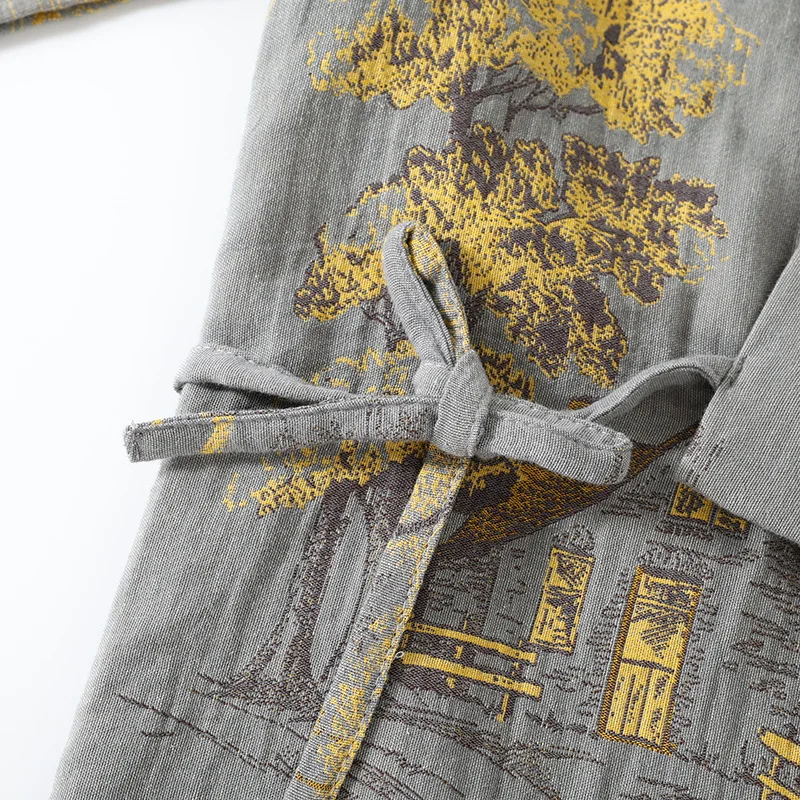 Retro Print Men's Sleepwear Cotton Men Autumn New Loose Nightwear Set Kimono Pajamas Top And Long Pants Loungewear