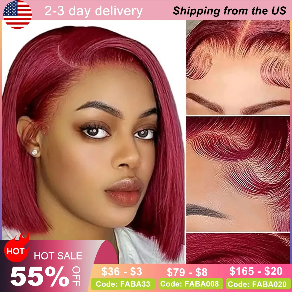 

99J Burgundy Bob Wig Human Hair Lace Front Wig Burgundy Straight Bob HD Lace Front Wig With Brazilian Human Hair 180 Density