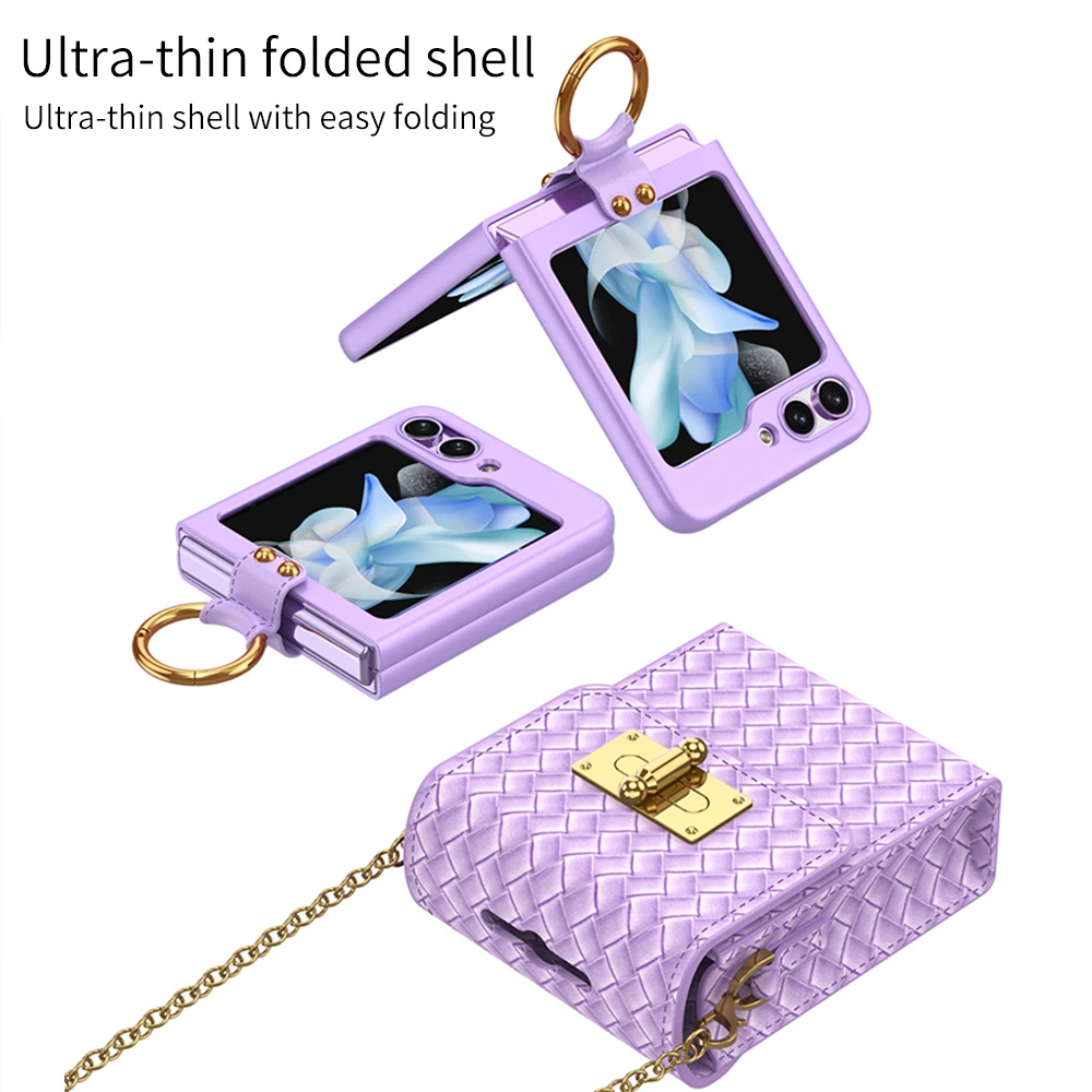 Mini tracolla per Samsung Galaxy Z Flip 3 4 5G Borsa per telefono con cordino a catena in pelle semplice con anello ultra sottile_voghion.com