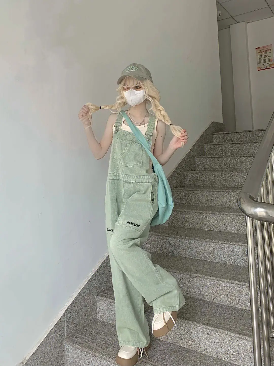 Chic Light Green Dnim Pants for Women Overalls Spring Autumn High Waist Straight Loose Jeans Female Jumpsuit Streetwear