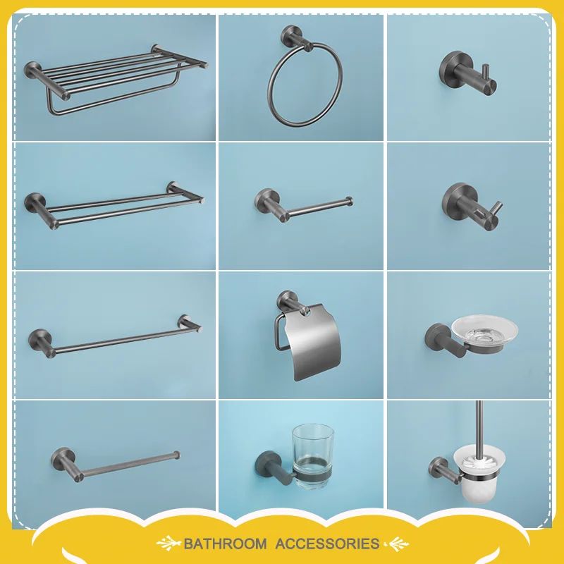 Grey Bathroom Hardware Set Accessories Kit Stainless Steel Round Wall Rack Hand Bar Toilet Roll Paper Holder Robe Towel Hook