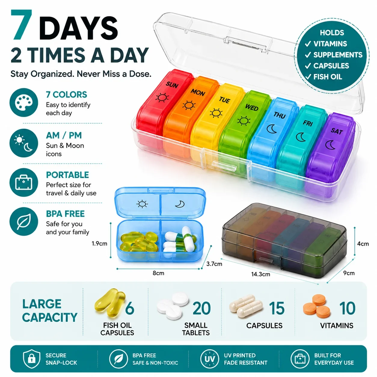 7-Day Weekly Pill Organizer with Secret Compartments, Portable Travel Medicine Storage Box