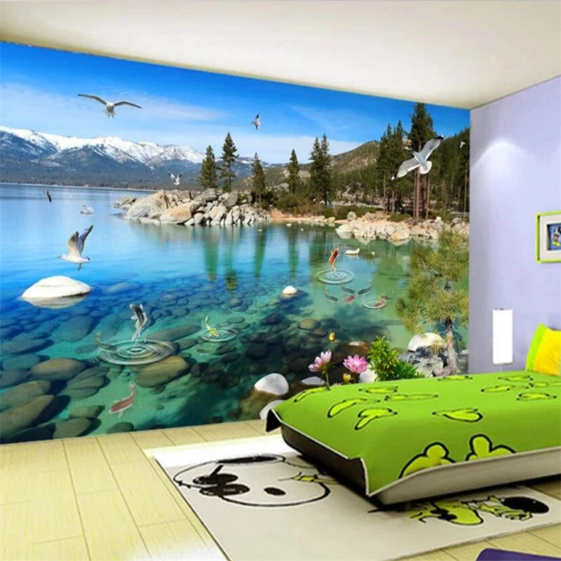 Customize High-definition natural lake scenery background mural decorative painting custom large green Self Adhesive wallpaper |