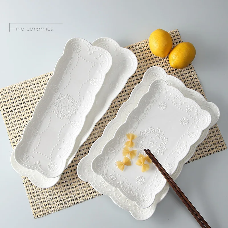10inch, white embossed porcelain vintage plate for et serving, ceramic japanese plates sushi, dinnerware for sushi, square
