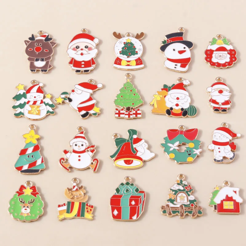 Leslie 10 Stück neue Emaille-Weihnachtsanhänger, Hirschglocke, Schneemann, Weihnachtsmann-Anhänger für DIY-Halskette, Ohrring, Schmuckzubehör