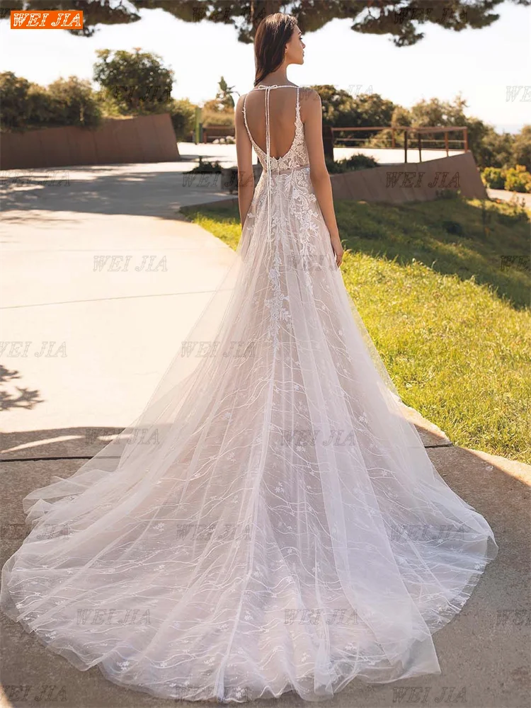 wedding dresses Bohemia A-Line Wedding Dresses Spaghetti Straps V-Neck Lace Appliques Bridal Dress Tulle Wedding Gown Beach Vestidos De Novia bridesmaid