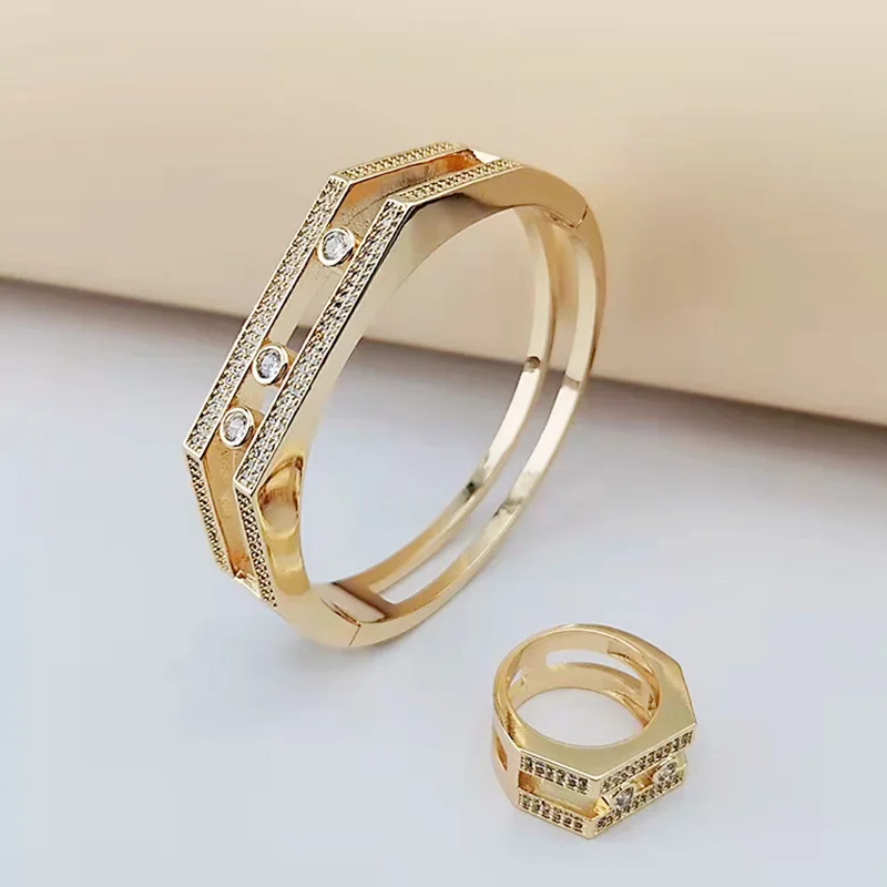 

2 шт., набор женских браслетов и колец с фианитами