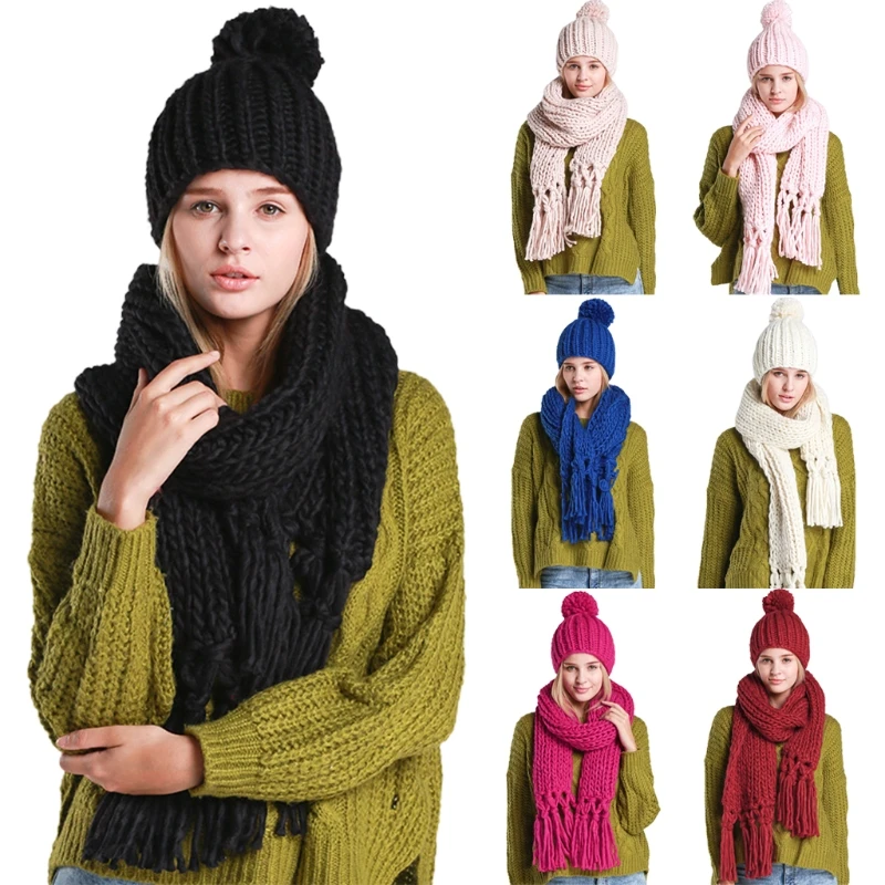 

Women Winter 2Pcs Beanie Hat Tassels Long Scarf Set Solid Color Handmade Braided Cable Knit Skull Neck Warmer