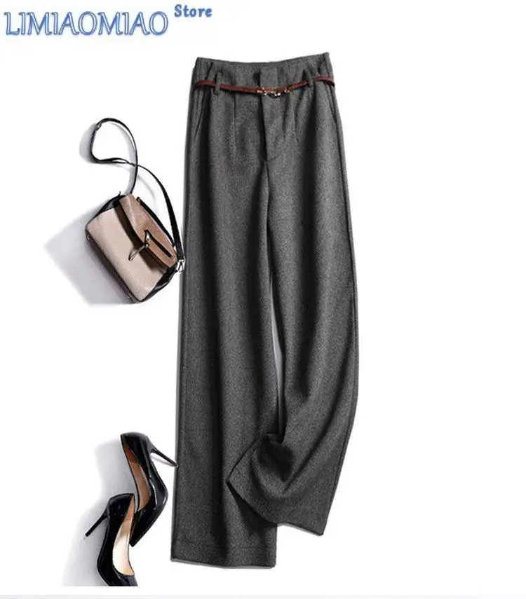 New Herringbone Pattern Woolen Women's Temperament  Waist Wide Leg Draped Casual Pants High Quality Trousers