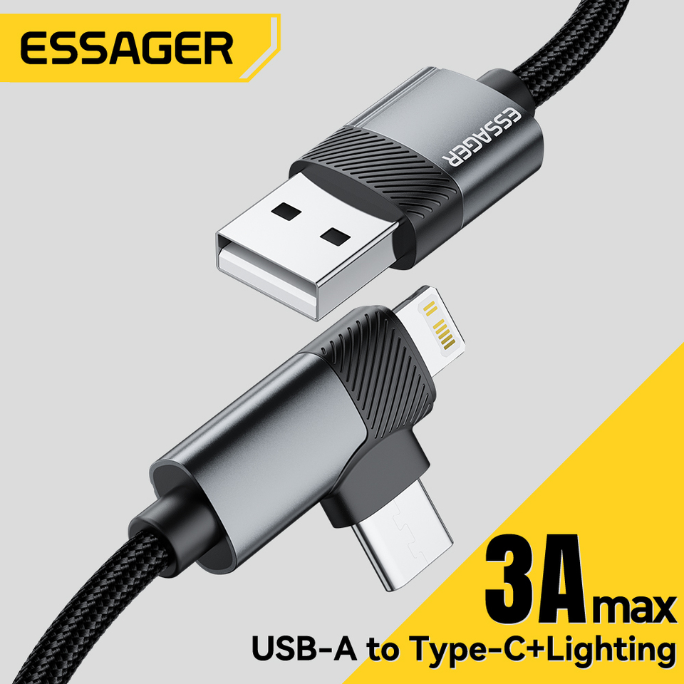 ESSAGER 2-in-1 Right Angle Cable USB A To Typec Lighting 3A Fast Charging Elbow Data Cable For iPhone 16 15 14 Samsung iPad Pro