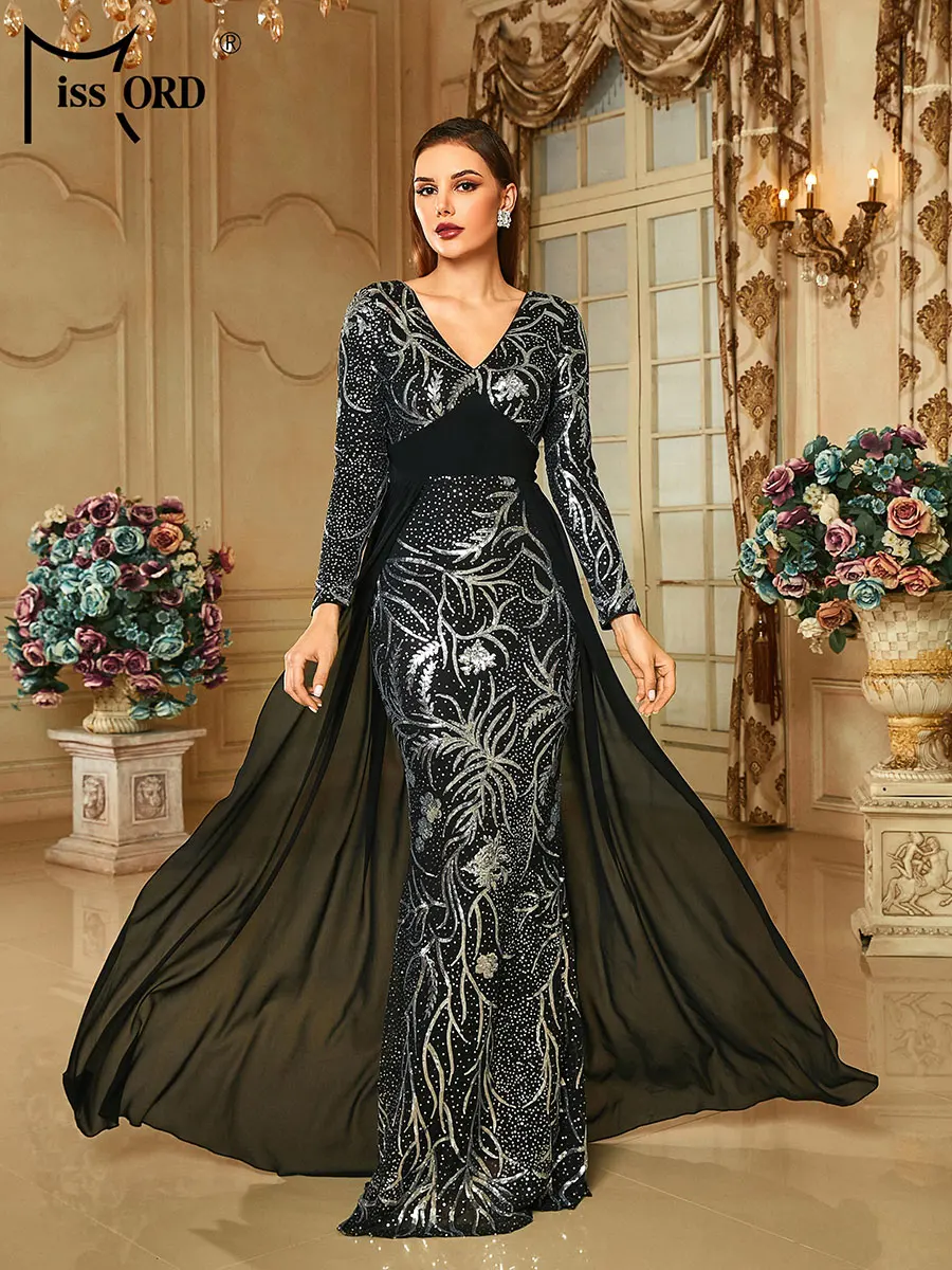 

Missord Elegant Black Evening Dress With Train Women Long Sleeve V Neck Sequin Bodycon Wedding Party Prom Dresses Formal Gown