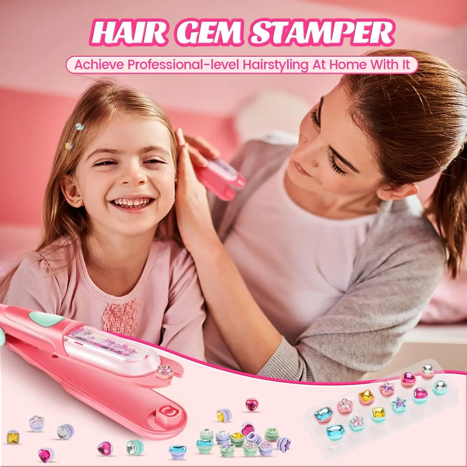 Hair Accessories Makeup Toy Hair Gem Stamper Kit Blingling Hair Jewels for Girls Toys Styling Tool with Reusable Shining Diamonds Pretend Play Toy Gift