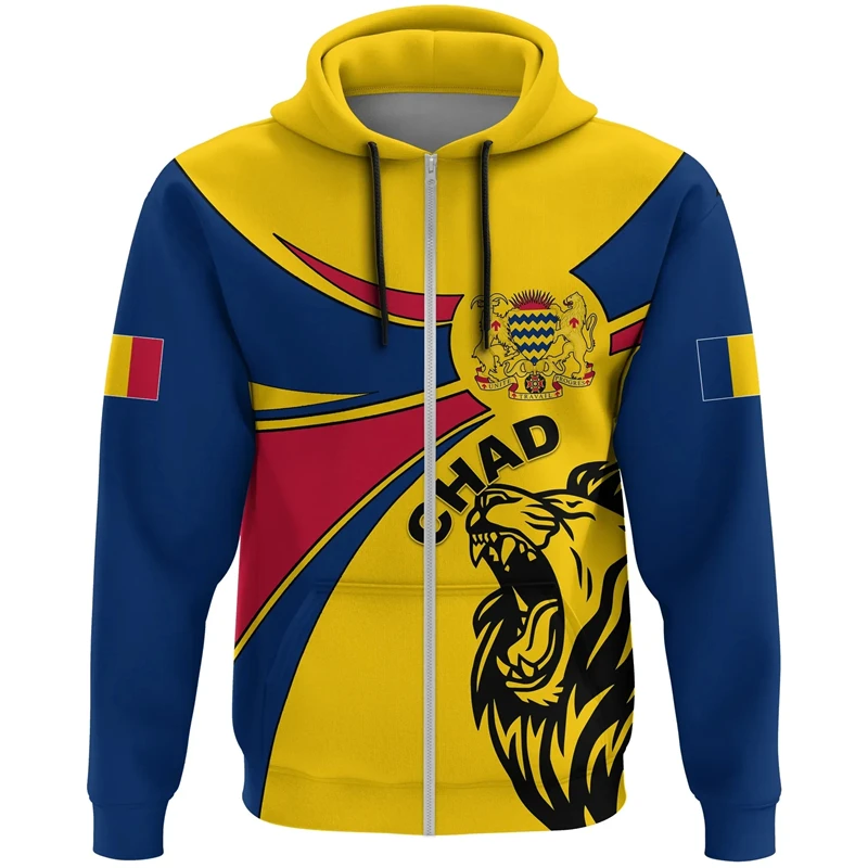 

Chad Flag Map Graphic Sweatshirts Fashion National Emblem Zip Up Hoodie For Men Clothes Coat Of Arms Tracksuit Casual Male Tops